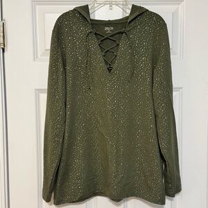Zelos Olive Green Gold Dot Light Weight Lace Up V-neck Pullover Hoodie Medium